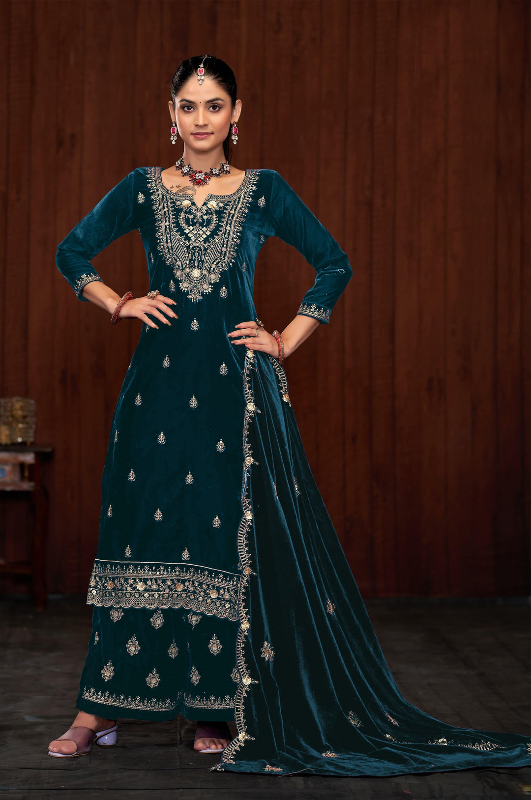 Graceful Navy Suit | Velvet top bottom with Jacquard dupatta