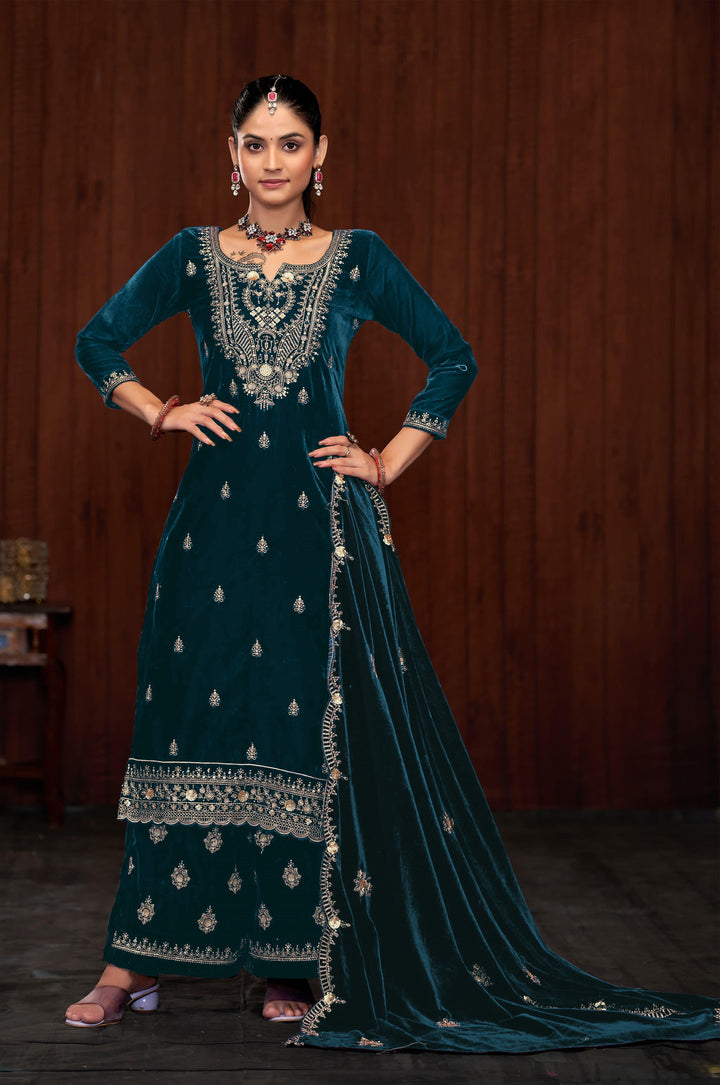 Graceful Navy Suit | Velvet top bottom with Jacquard dupatta