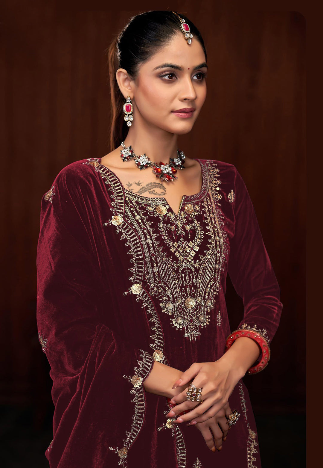 Graceful Navy Suit | Velvet top bottom with Jacquard dupatta