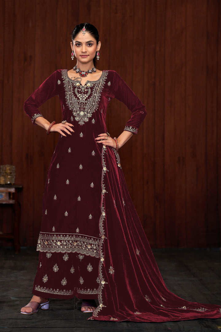 Graceful Navy Suit | Velvet top bottom with Jacquard dupatta