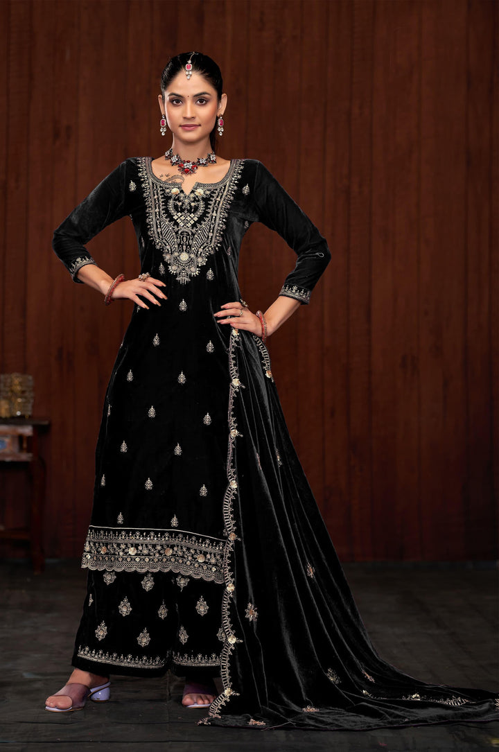 Graceful Navy Suit | Velvet top bottom with Jacquard dupatta