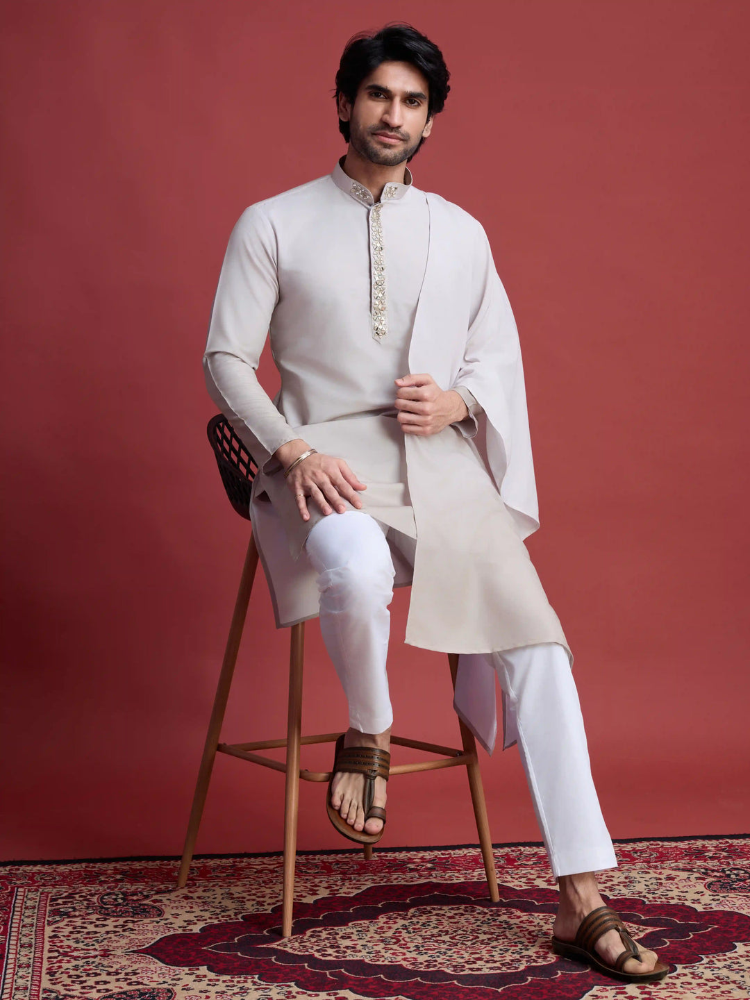 Classic Beige Ethnic Kurta | Rayon Kurta & Dupatta with Mirror Work