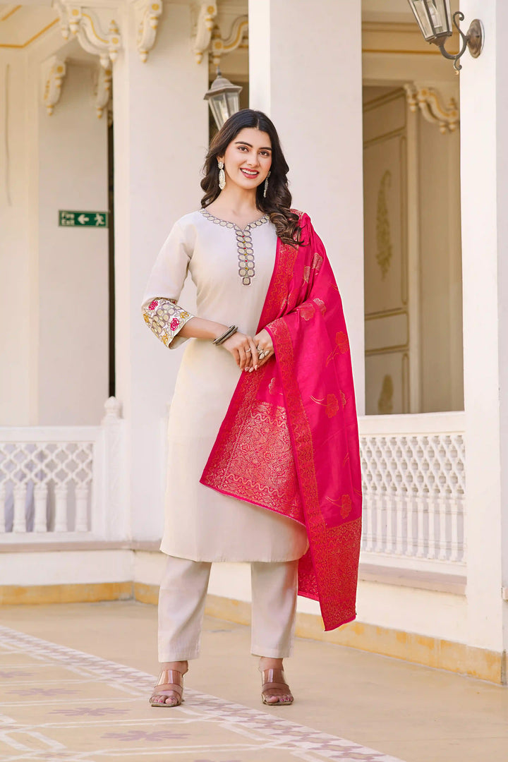 Charming Off White Suit | Vetigun top bottom with Chanderi dupatta