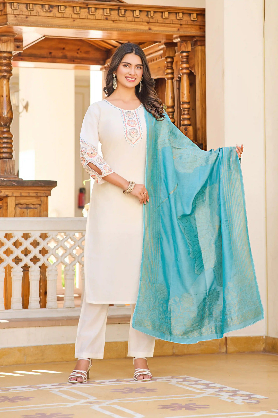 Charming Cream Suit | Vetigun top bottom with Chanderi dupatta