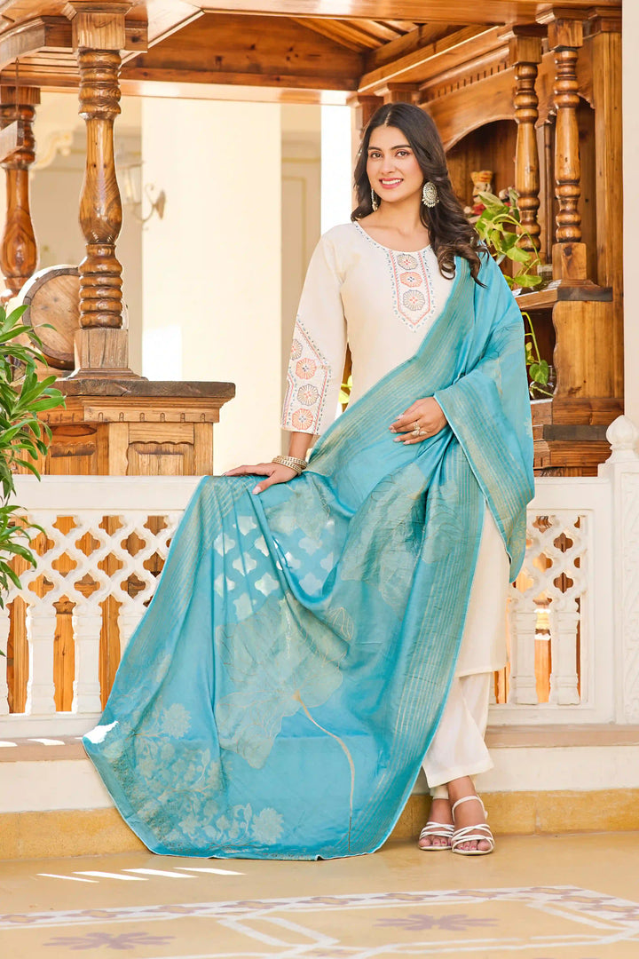 Charming Cream Suit | Vetigun top bottom with Chanderi dupatta