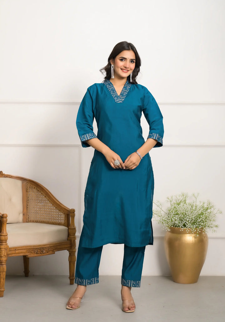 Gorgeous Teal Blue Suit | Viscose chanderi top bottom with Jacquard dupatta