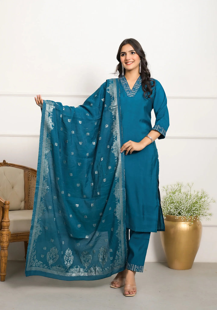Gorgeous Teal Blue Suit | Viscose chanderi top bottom with Jacquard dupatta