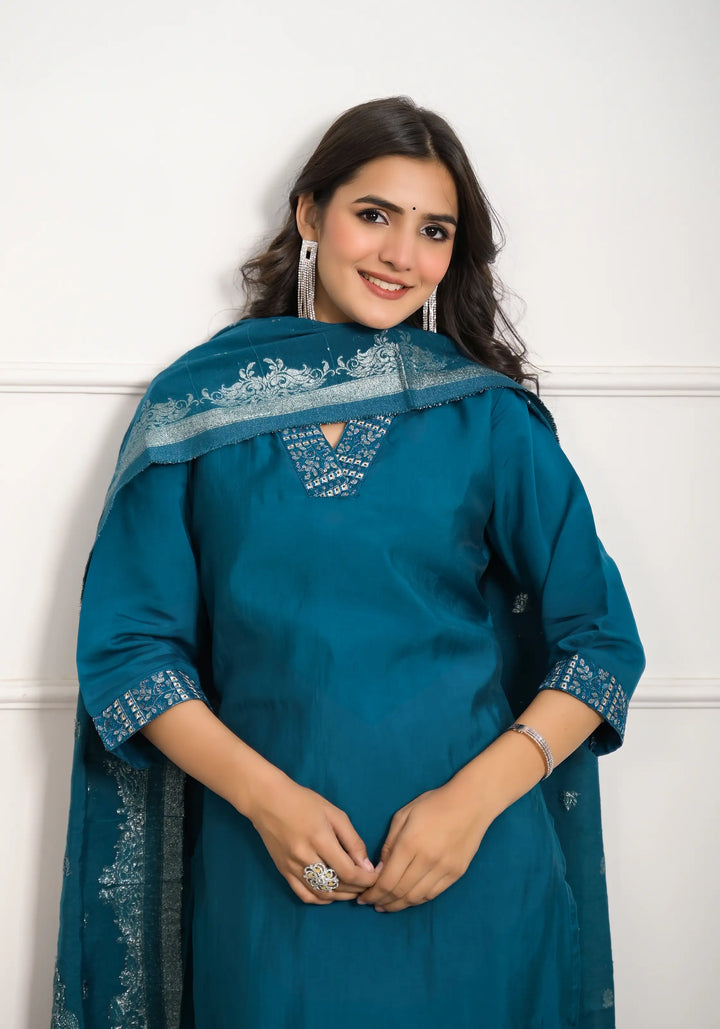 Gorgeous Teal Blue Suit | Viscose chanderi top bottom with Jacquard dupatta