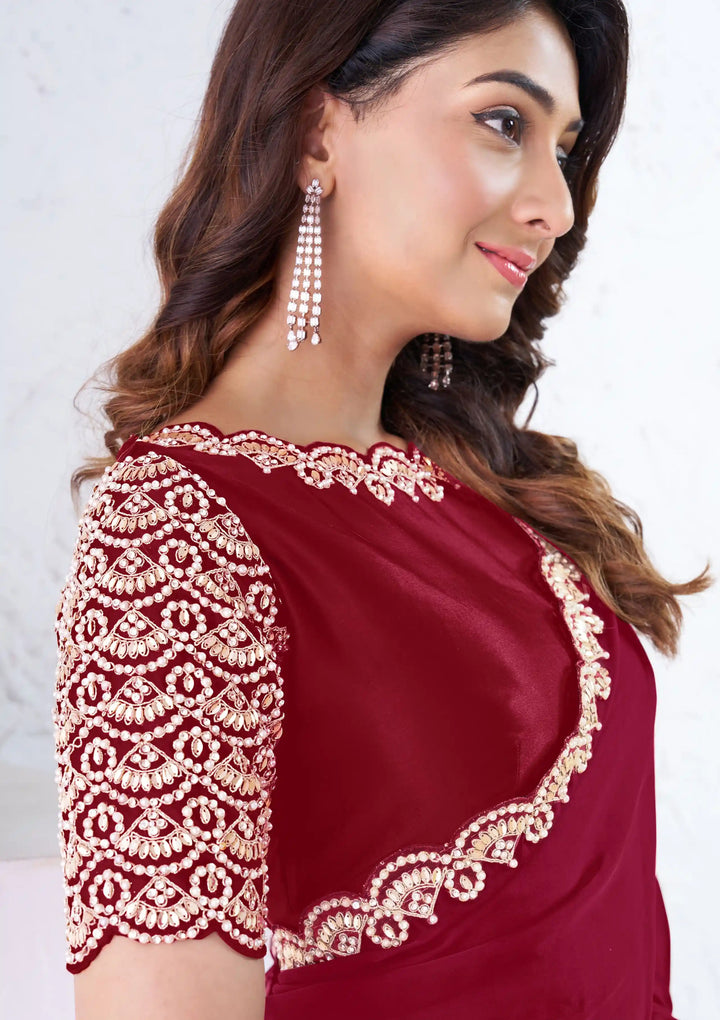 Designer Red Saree | Crepe Silk & Japan Poly Blouse Wedding & Festive