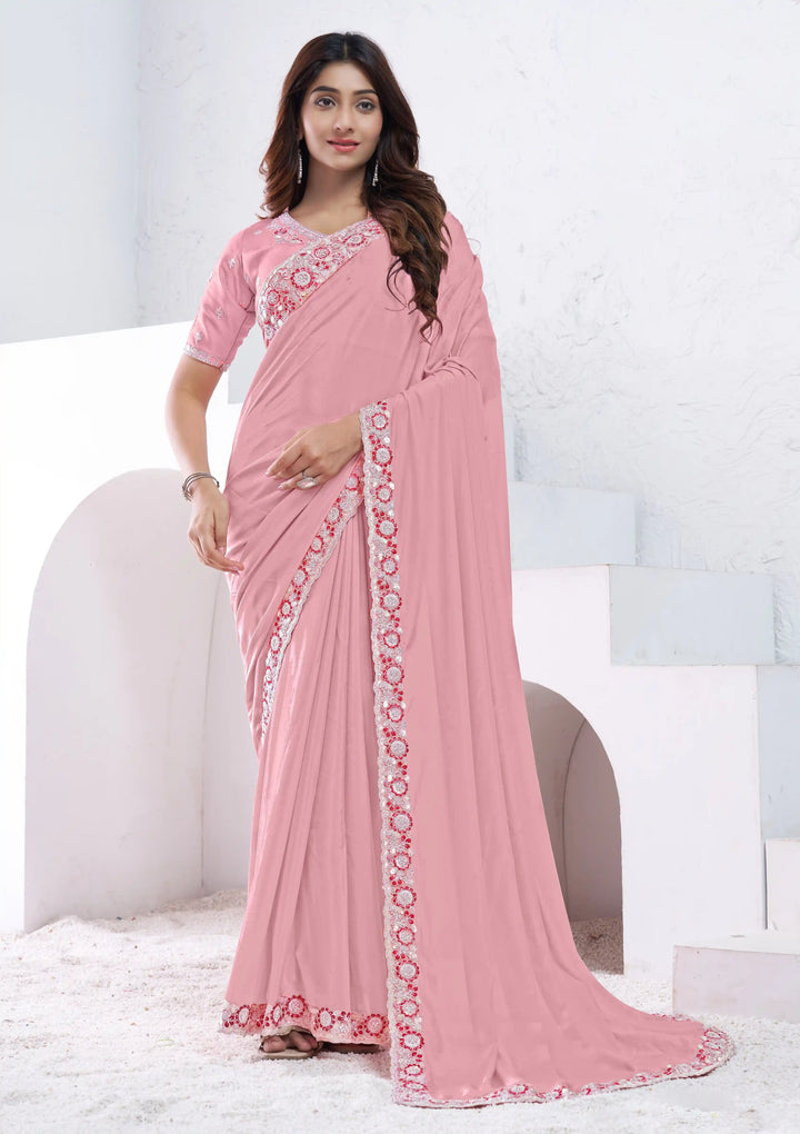 Designer Pink Crepe Silk Saree | Raw Silk Blouse Wedding & Festive Look