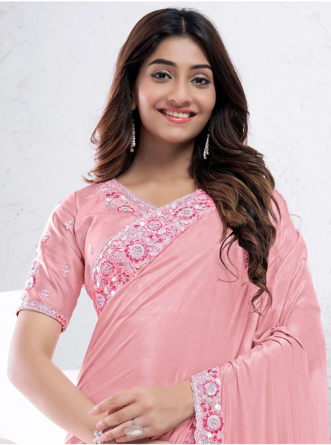 Designer Pink Crepe Silk Saree | Raw Silk Blouse Wedding & Festive Look