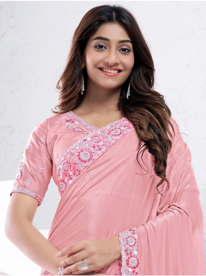 Designer Pink Crepe Silk Saree | Raw Silk Blouse Wedding & Festive Look