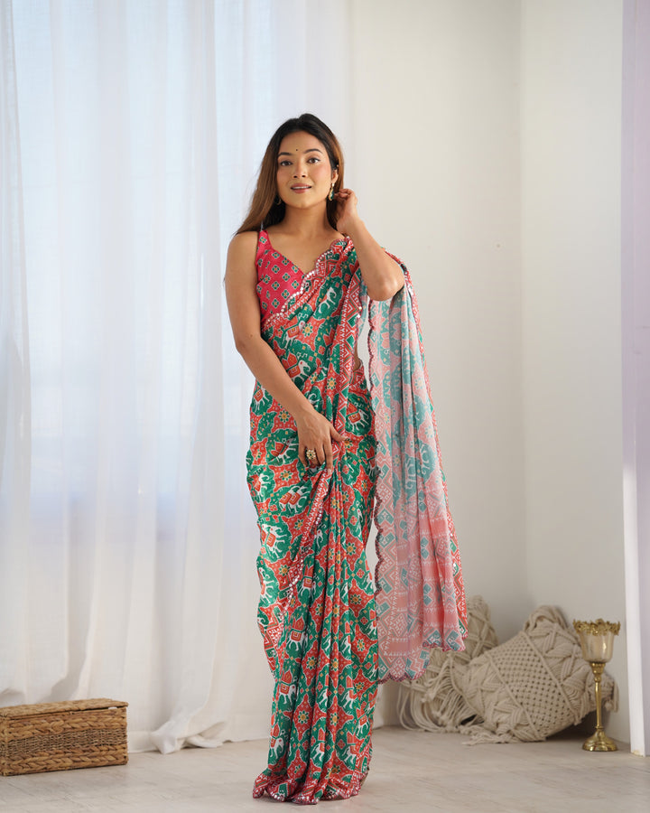 Elegant Green Chinon Saree | Designer Digital Print & Mirror Cut Work