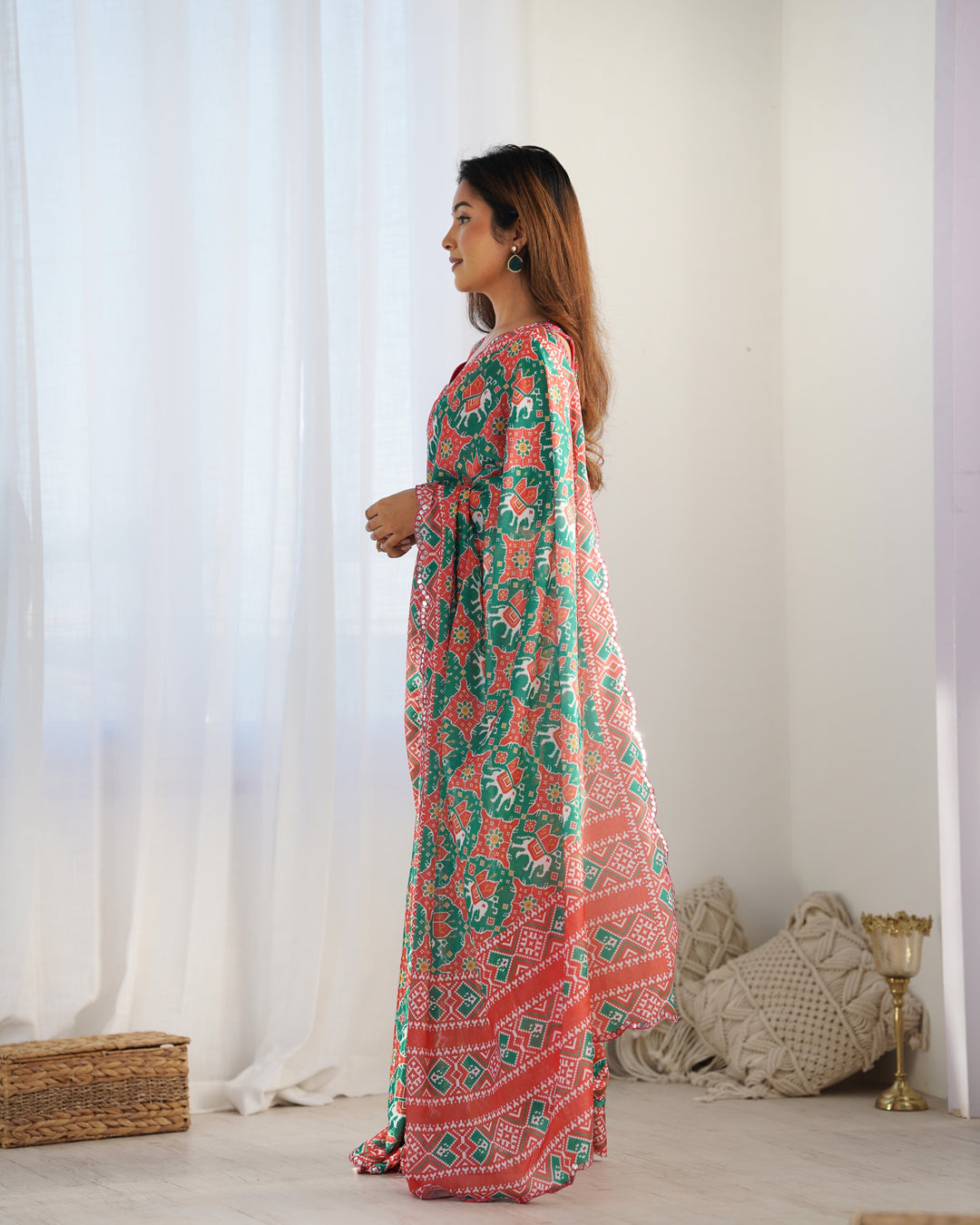 Elegant Green Chinon Saree | Designer Digital Print & Mirror Cut Work