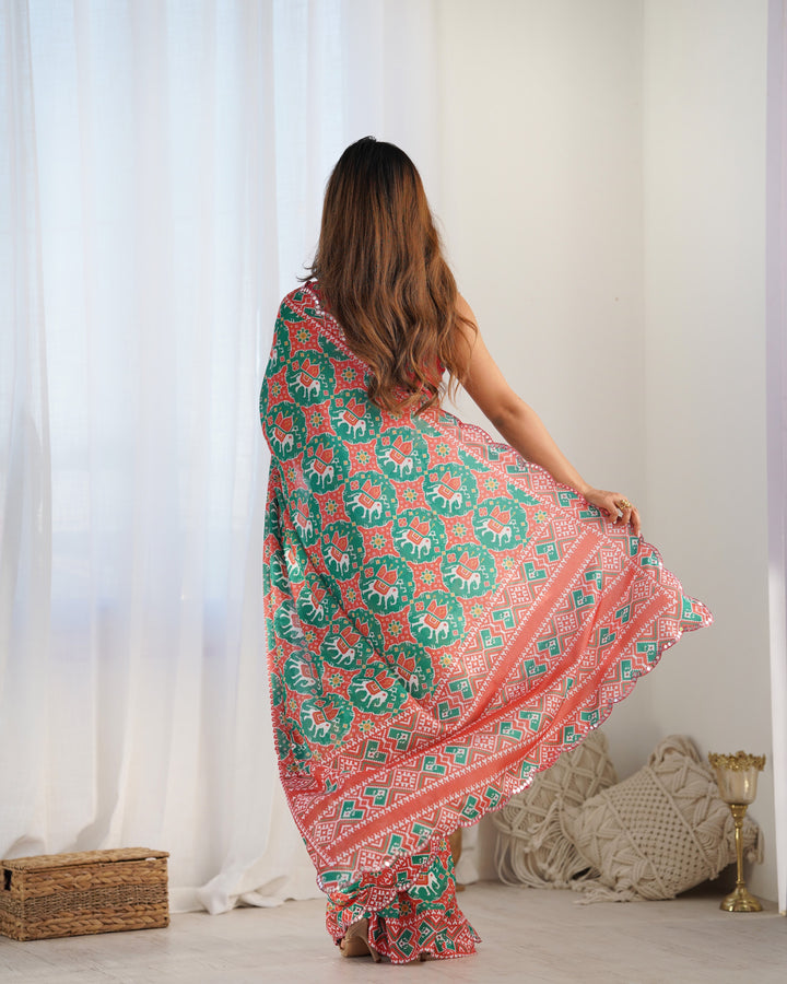 Elegant Green Chinon Saree | Designer Digital Print & Mirror Cut Work