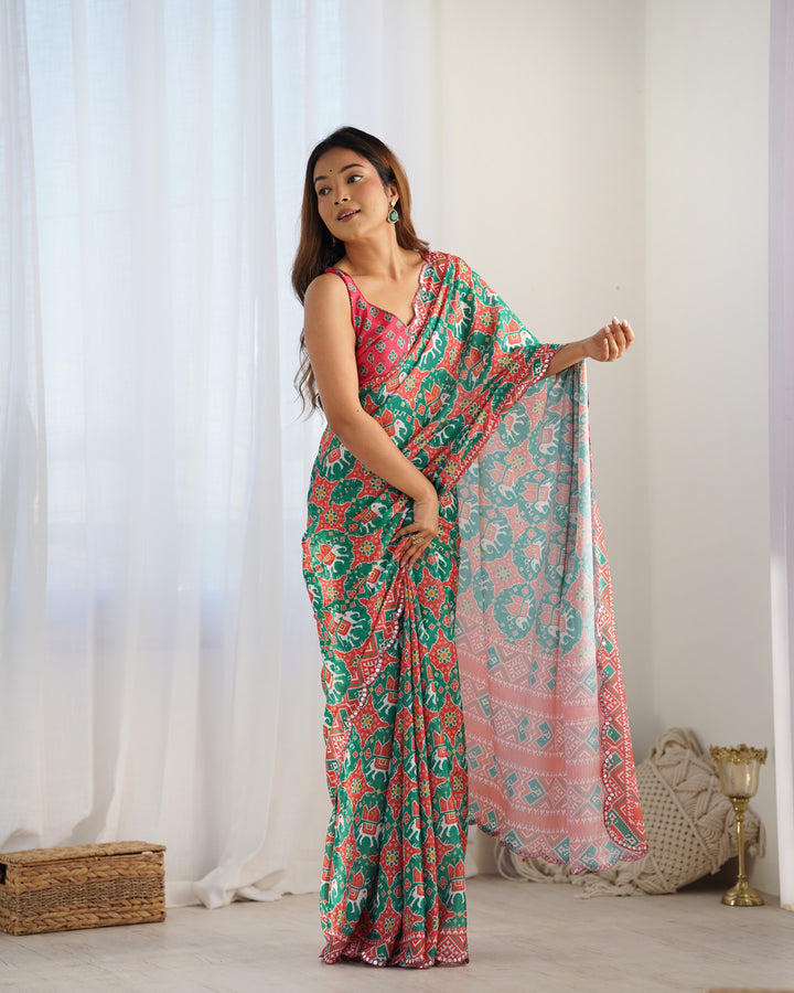 Elegant Green Chinon Saree | Designer Digital Print & Mirror Cut Work