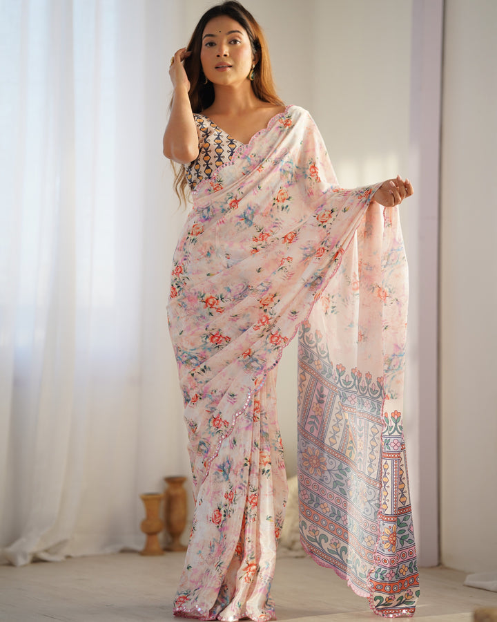 Party Wear Chinon Saree | Designer Digital Print with Mirror Cut Work