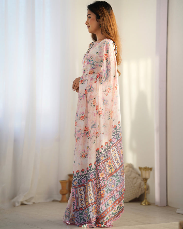 Party Wear Chinon Saree | Designer Digital Print with Mirror Cut Work