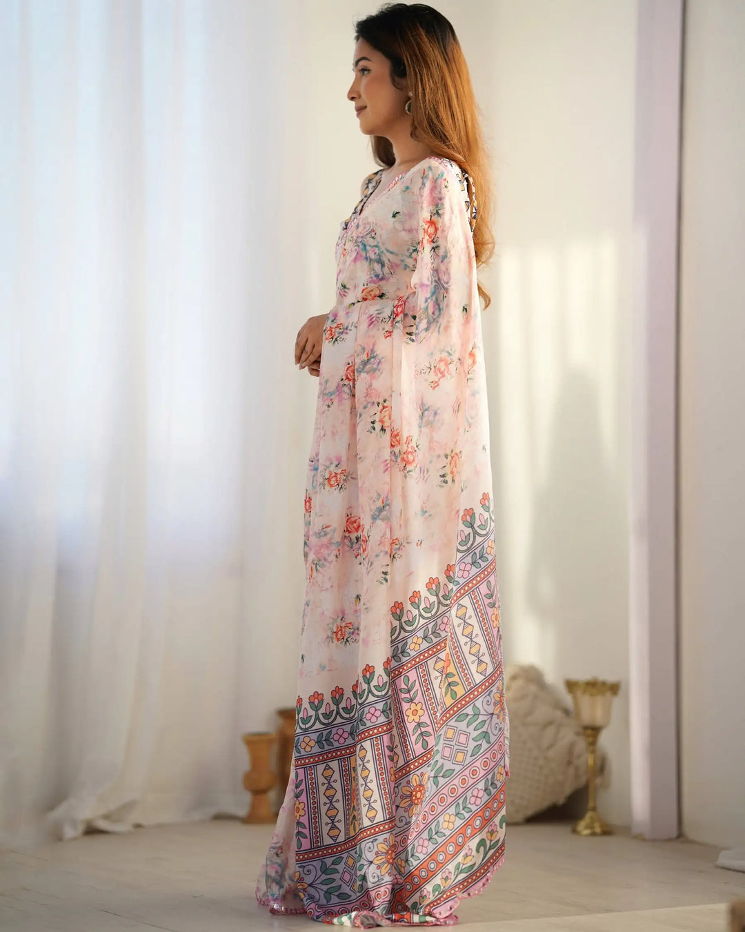 Party Wear Chinon Saree with Designer Digital Print and Mirror Work