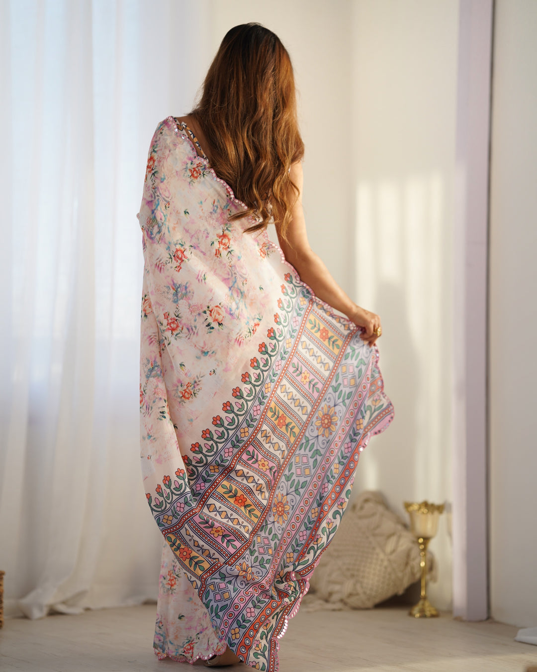 Party Wear Chinon Saree | Designer Digital Print with Mirror Cut Work