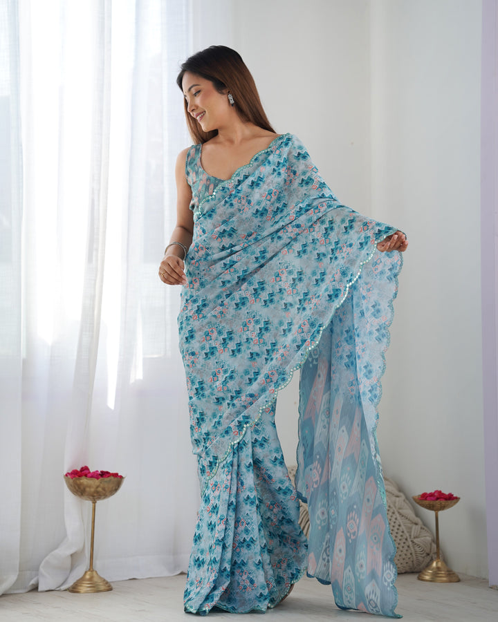 Designer Blue Saree | Chinon Fabric with Digital Print & Mirror Cut Work