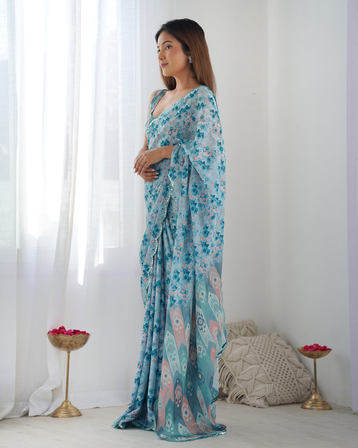 Designer Blue Saree | Chinon Fabric with Digital Print & Mirror Cut Work