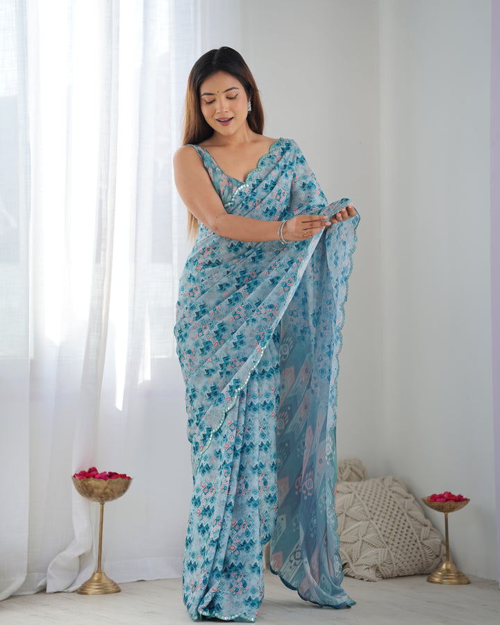 Designer Blue Saree | Chinon Fabric with Digital Print & Mirror Cut Work