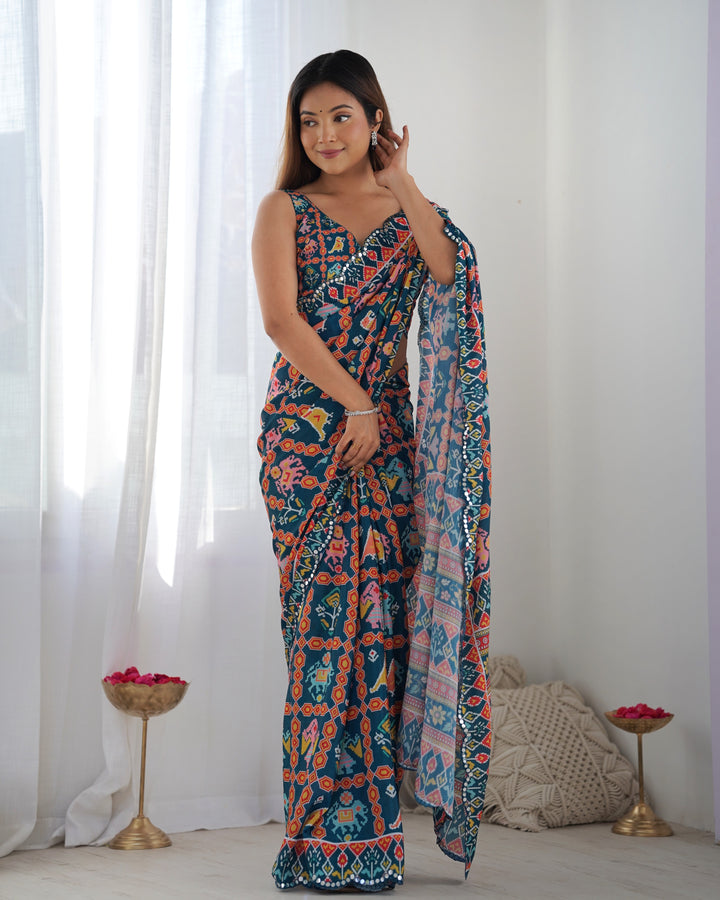 Festive Wear Saree | Navy Blue Chinon with Digital Print & Mirror Work