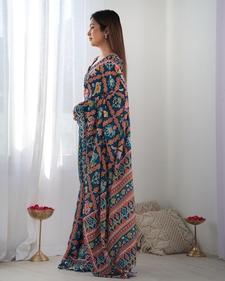 Festive Wear Saree | Navy Blue Chinon with Digital Print & Mirror Work
