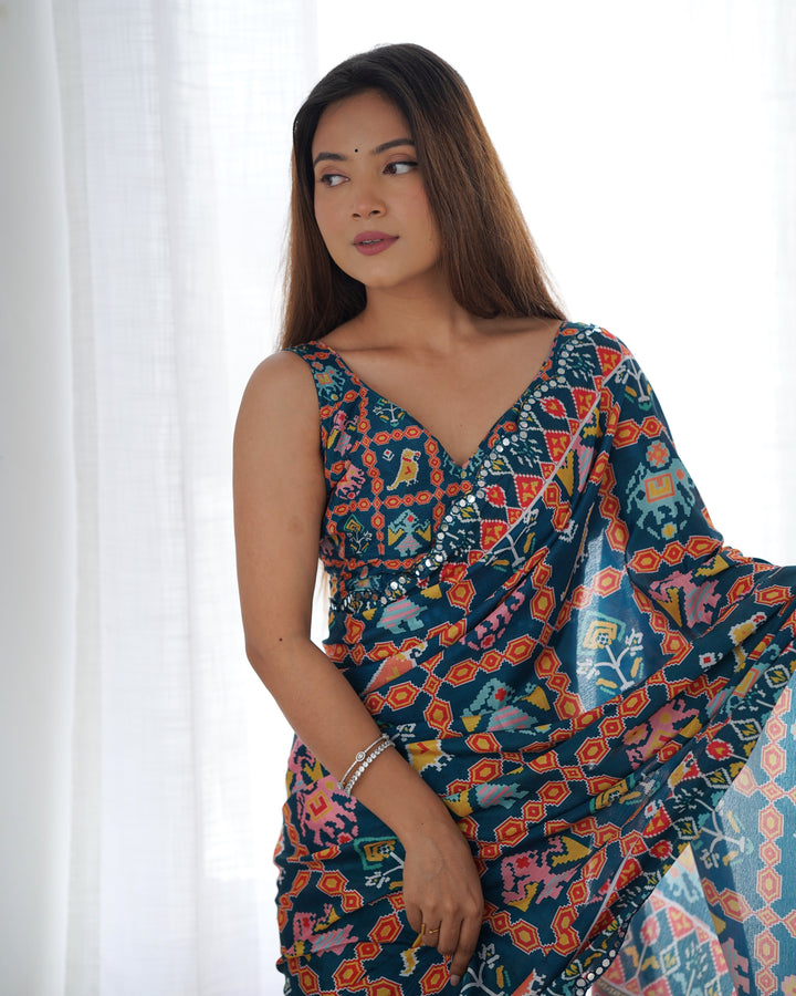 Festive Wear Saree | Navy Blue Chinon with Digital Print & Mirror Work