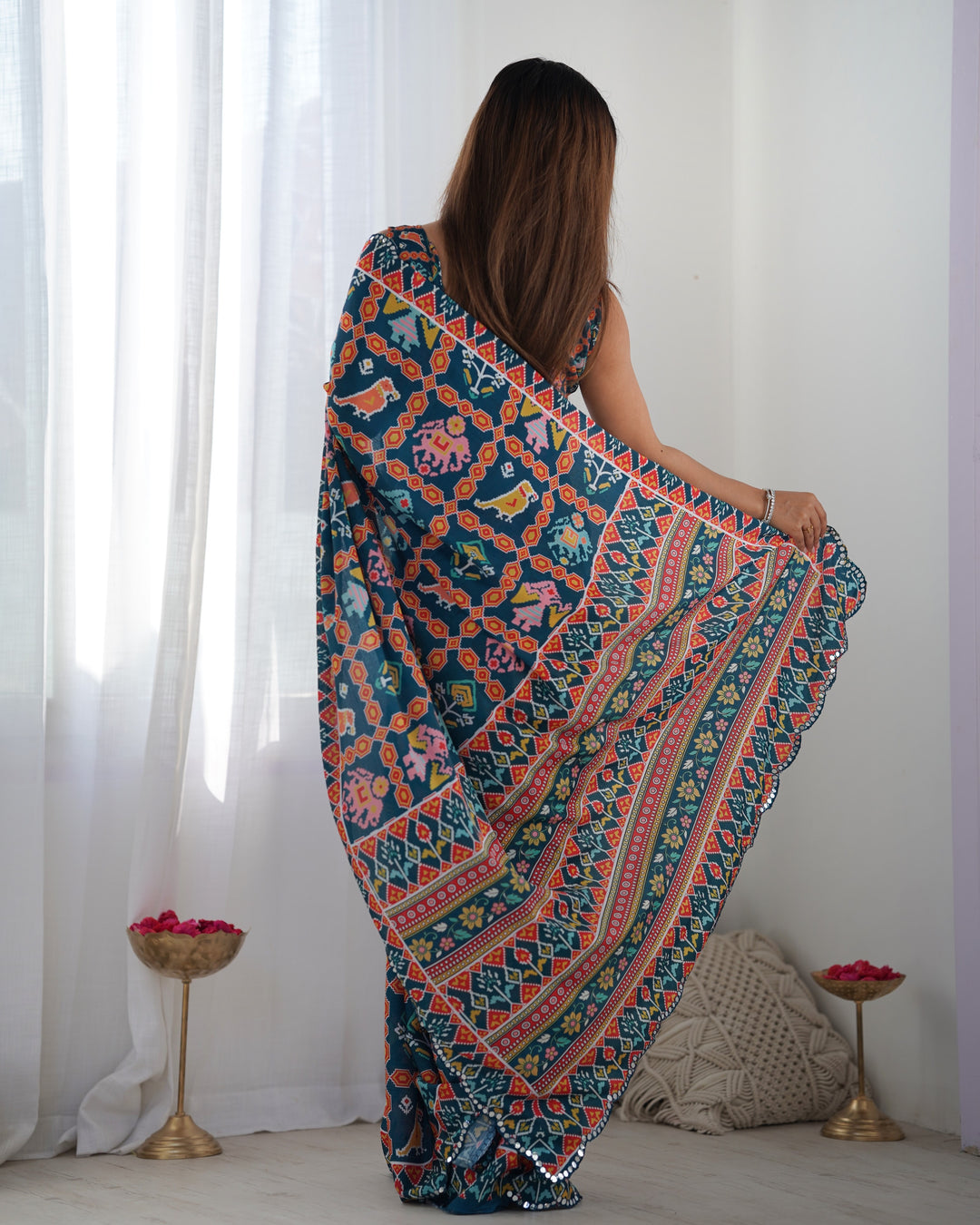Festive Wear Saree | Navy Blue Chinon with Digital Print & Mirror Work