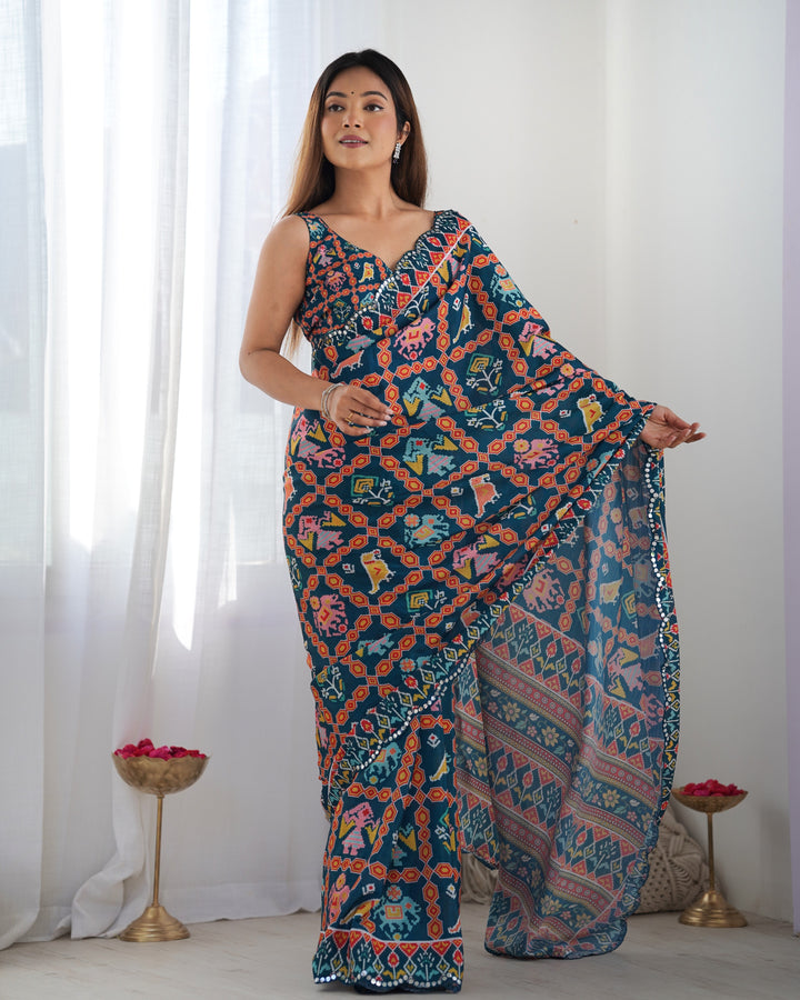 Festive Wear Saree | Navy Blue Chinon with Digital Print & Mirror Work