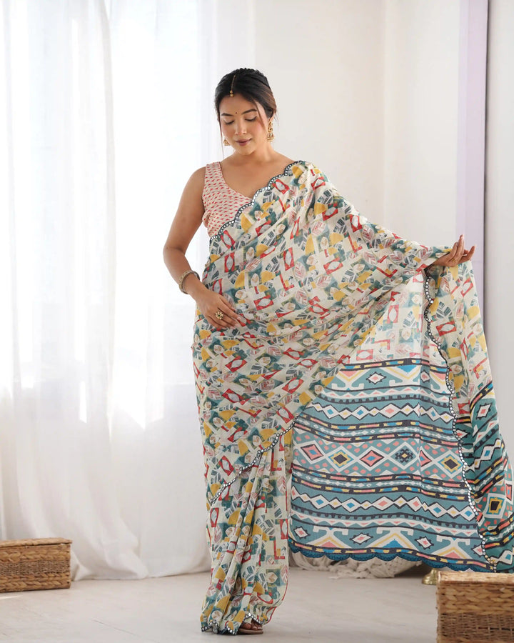 Chic Digital Printed Saree | Off White Chinon with Elegant Mirror Work