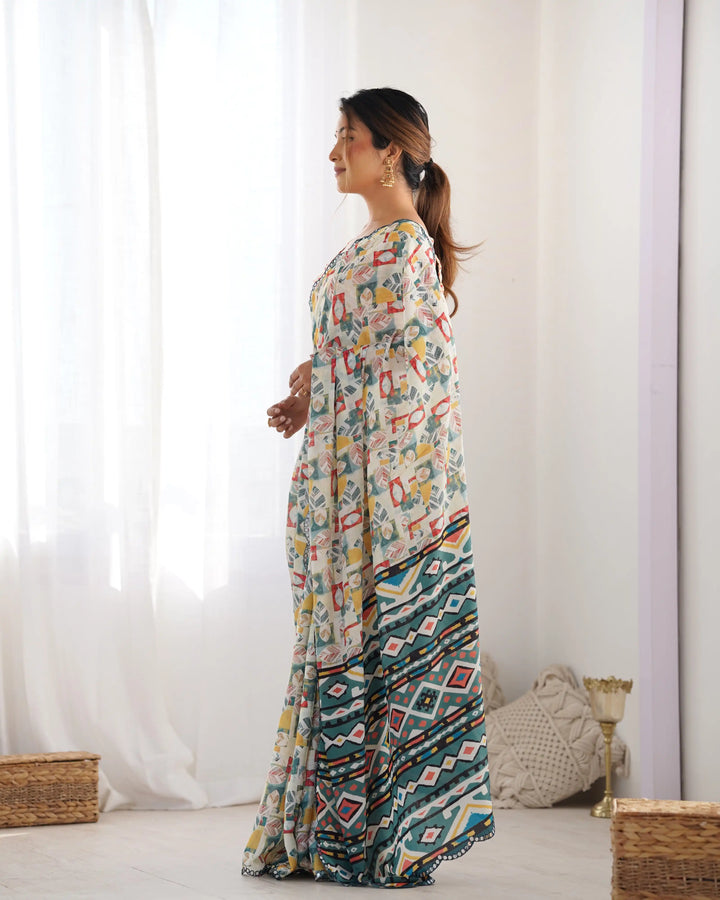 Chic Digital Printed Saree | Off White Chinon with Elegant Mirror Work