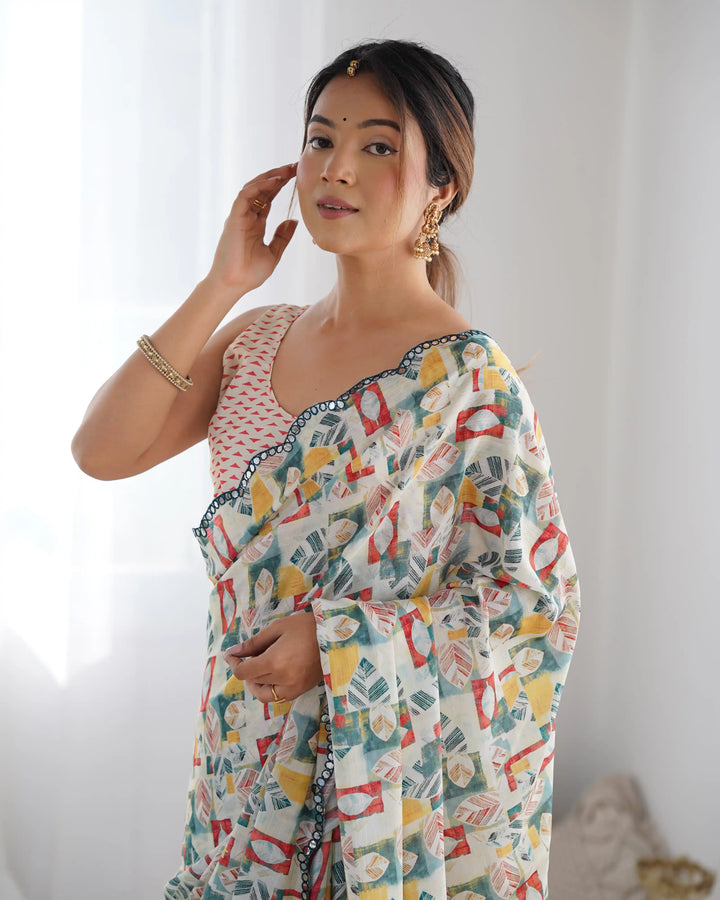 Chic Digital Printed Saree | Off White Chinon with Elegant Mirror Work