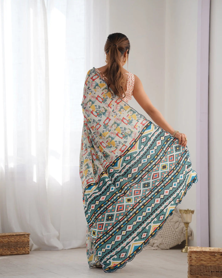 Chic Digital Printed Saree | Off White Chinon with Elegant Mirror Work