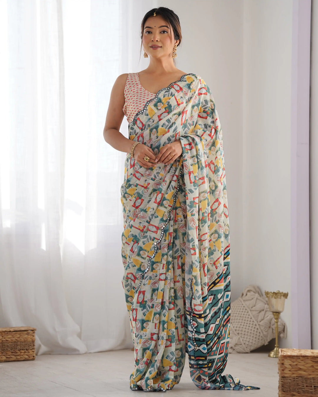 Chic Digital Printed Saree | Off White Chinon with Elegant Mirror Work
