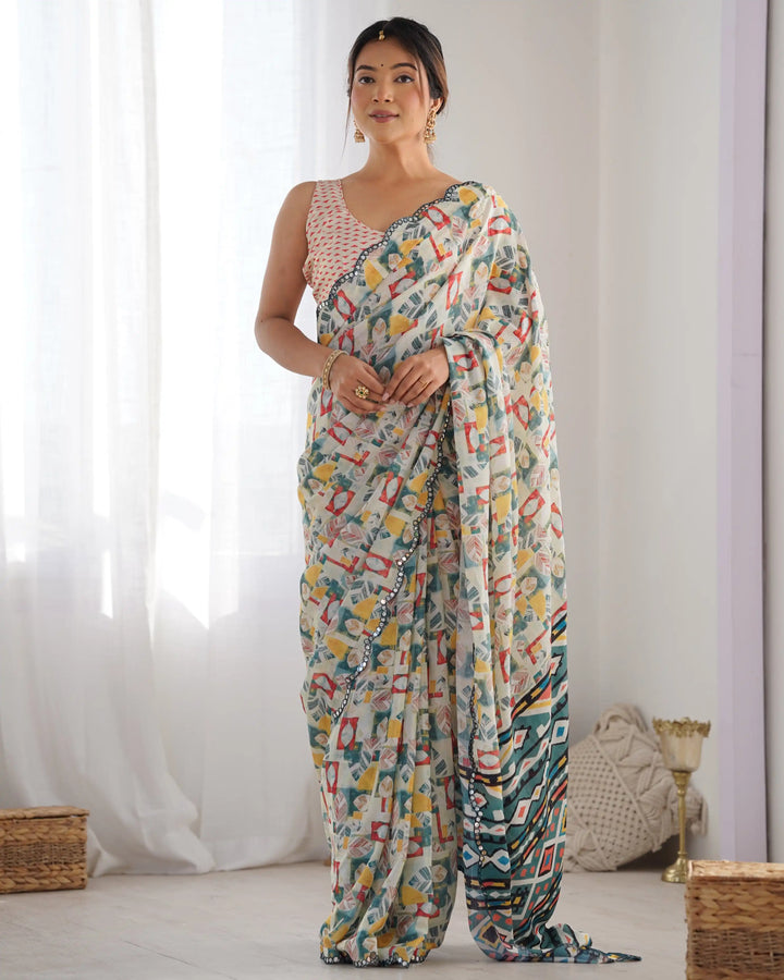Chic Digital Printed Saree | Off White Chinon with Elegant Mirror Work
