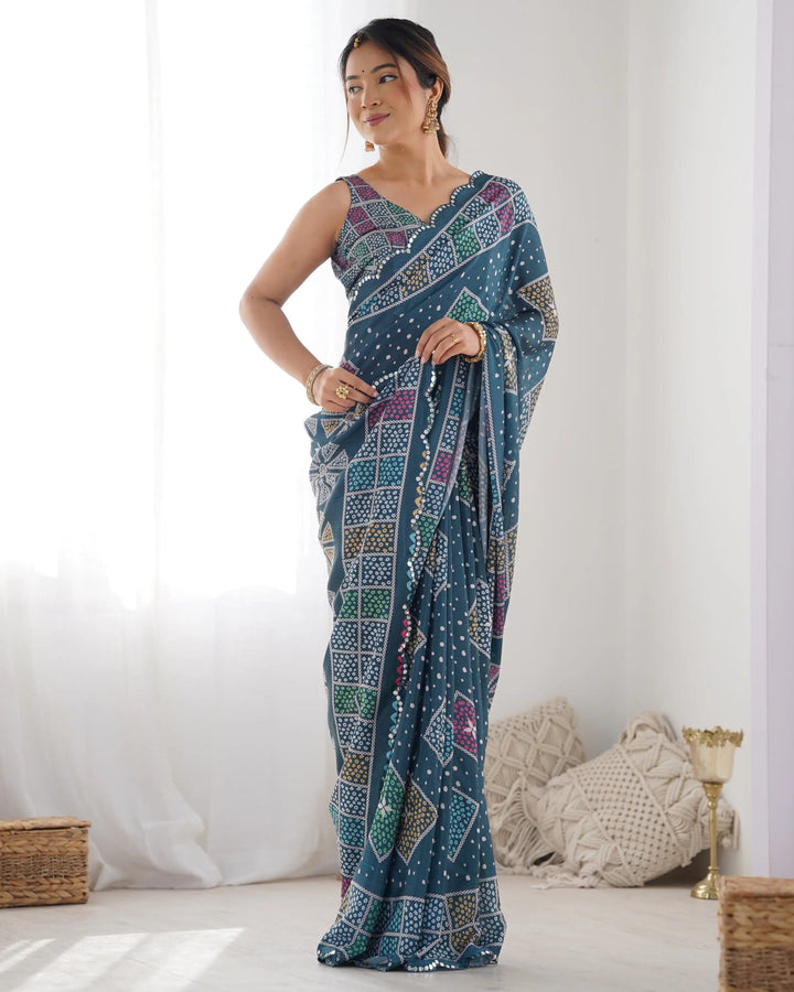Stylish Designer Chinon Saree | Teal Blue with Mirror Cut & Print Work
