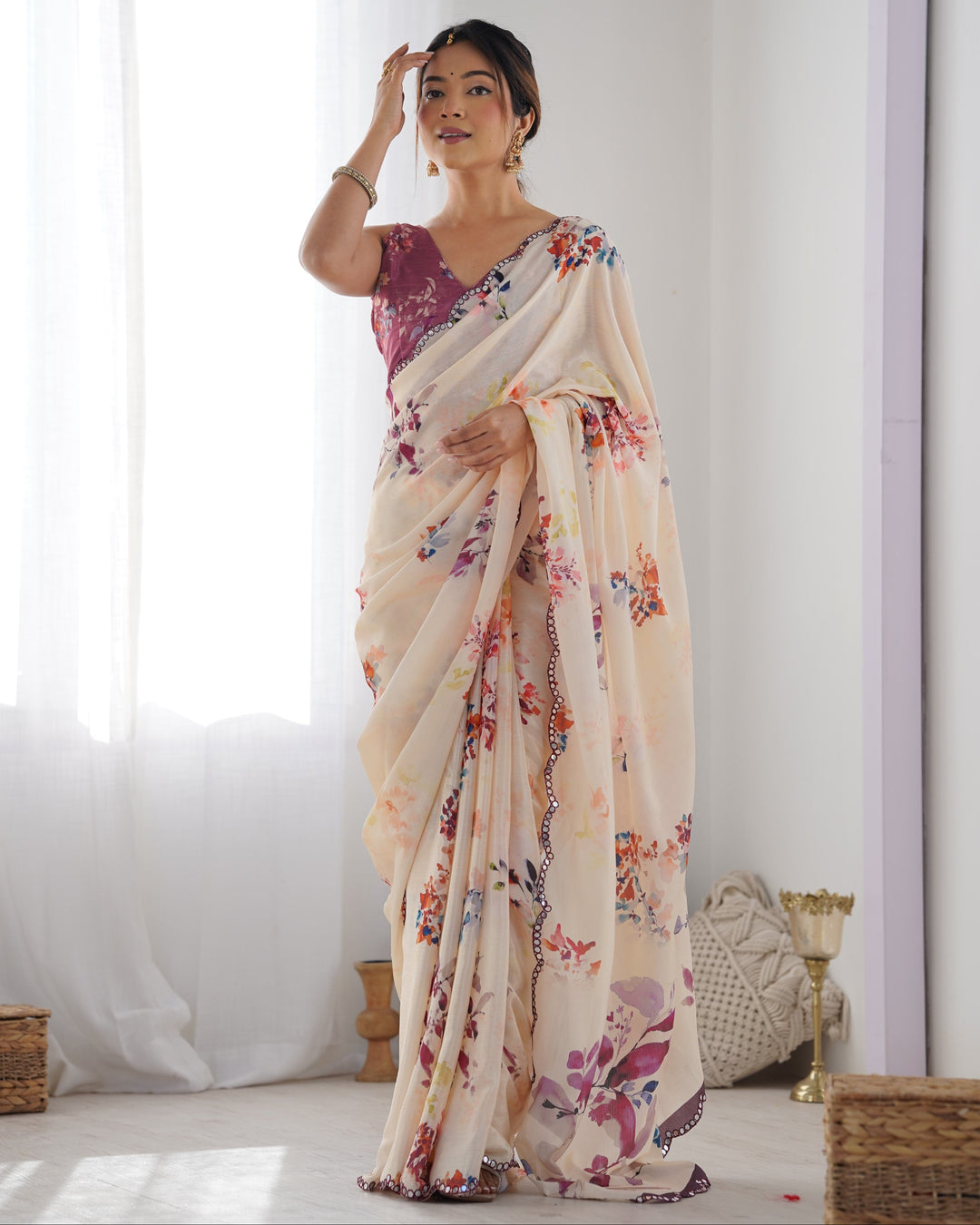 Elegant Peach Chinon Saree | Designer Digital Print & Mirror Cut Work