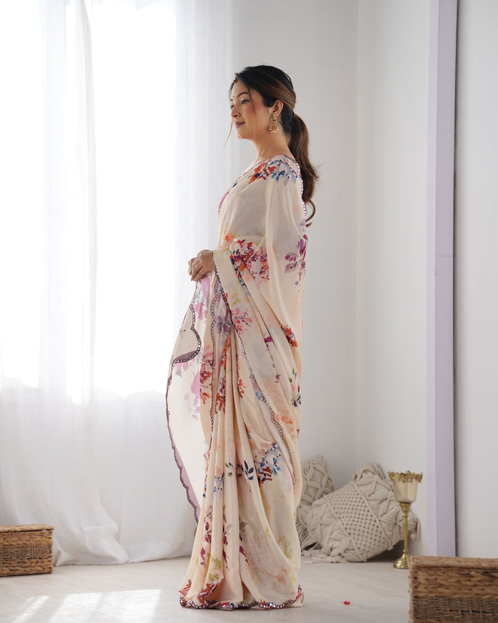 Elegant Peach Chinon Saree | Designer Digital Print & Mirror Cut Work