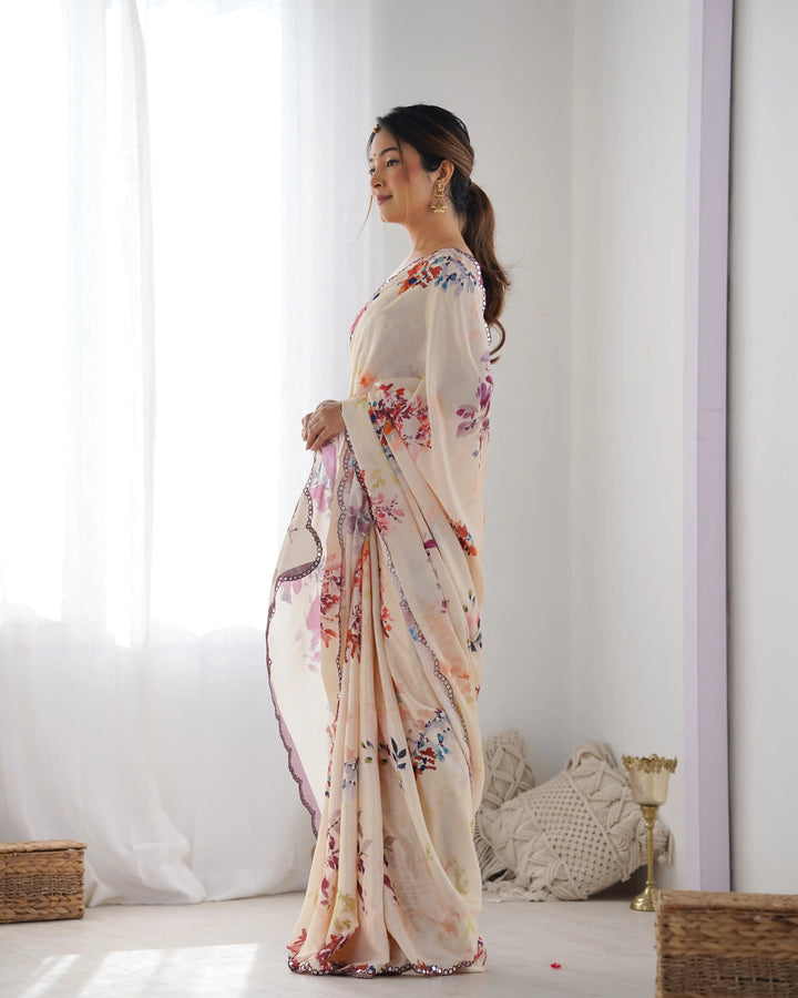 Elegant Peach Chinon Saree | Designer Digital Print & Mirror Cut Work