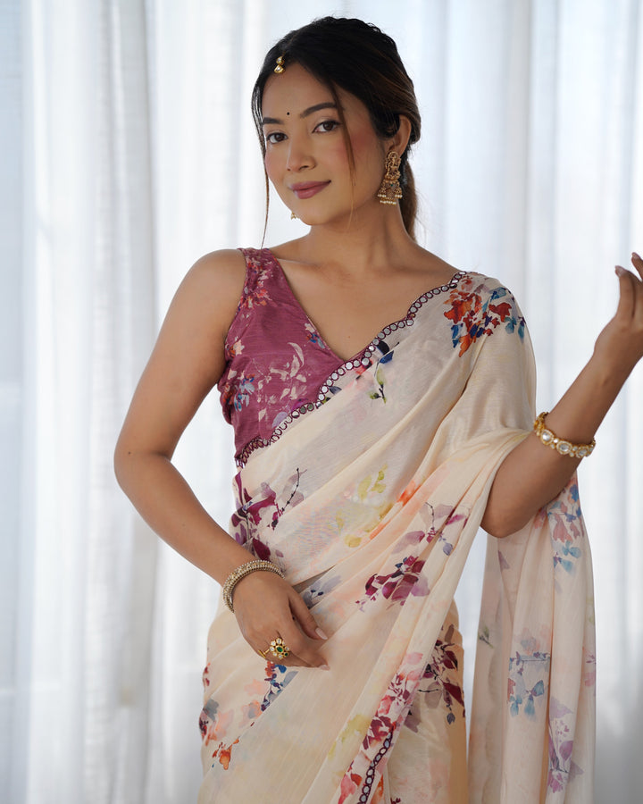 Elegant Peach Chinon Saree | Designer Digital Print & Mirror Cut Work