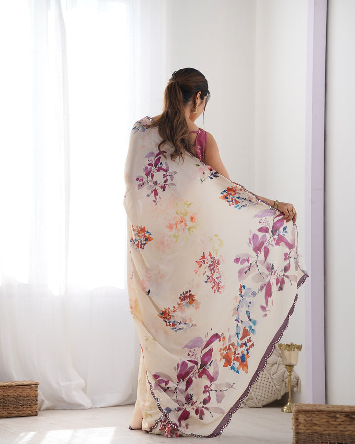 Elegant Peach Chinon Saree | Designer Digital Print & Mirror Cut Work