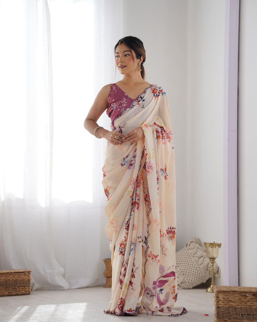 Elegant Peach Chinon Saree | Designer Digital Print & Mirror Cut Work