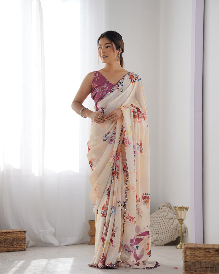 Elegant Peach Chinon Saree | Designer Digital Print & Mirror Cut Work