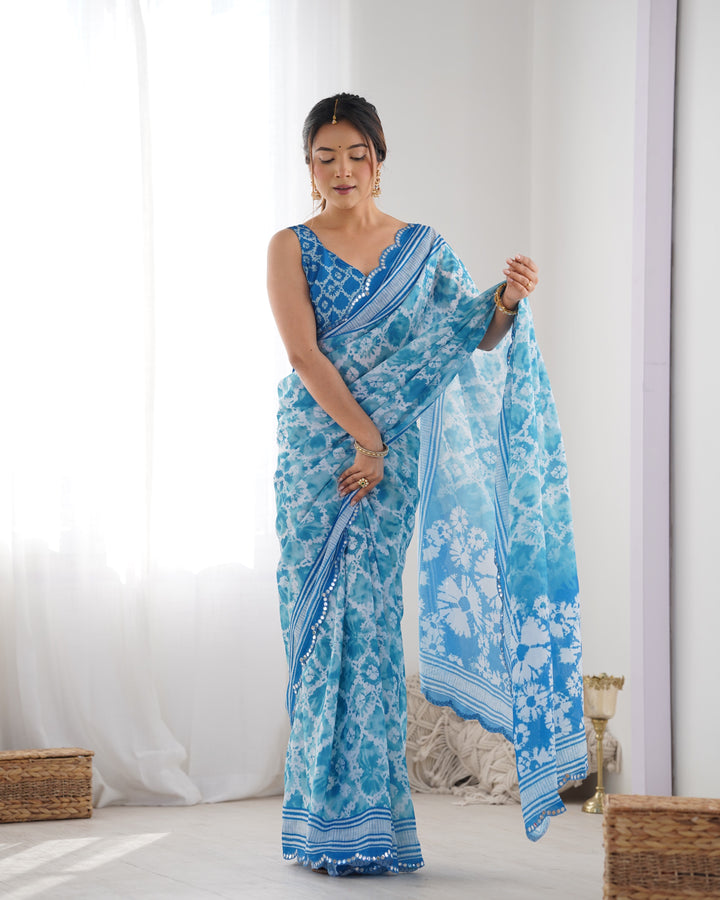 Fancy Blue Chinon Saree | Digital Printed with Mirror Cut Blouse