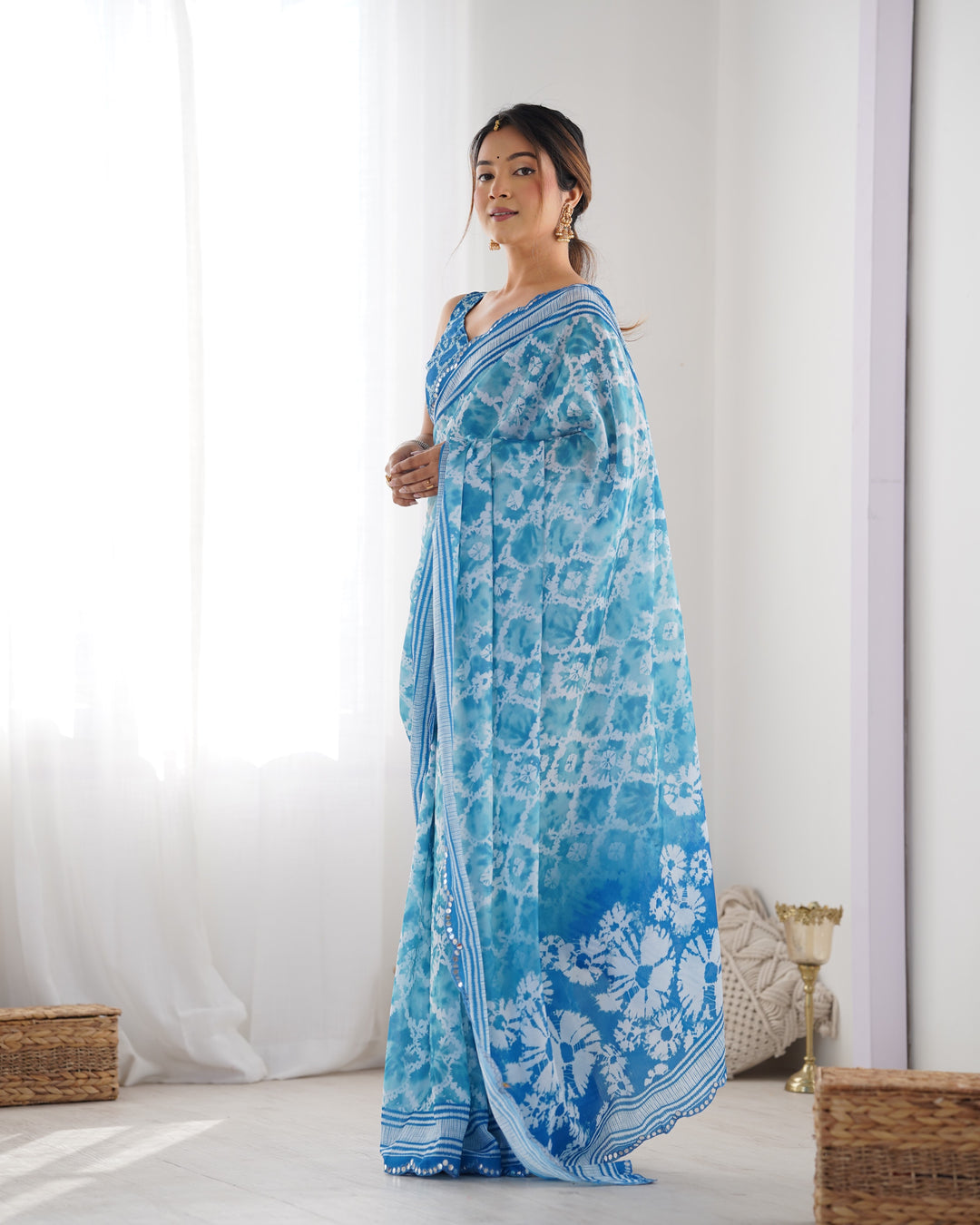 Fancy Blue Chinon Saree | Digital Printed with Mirror Cut Blouse