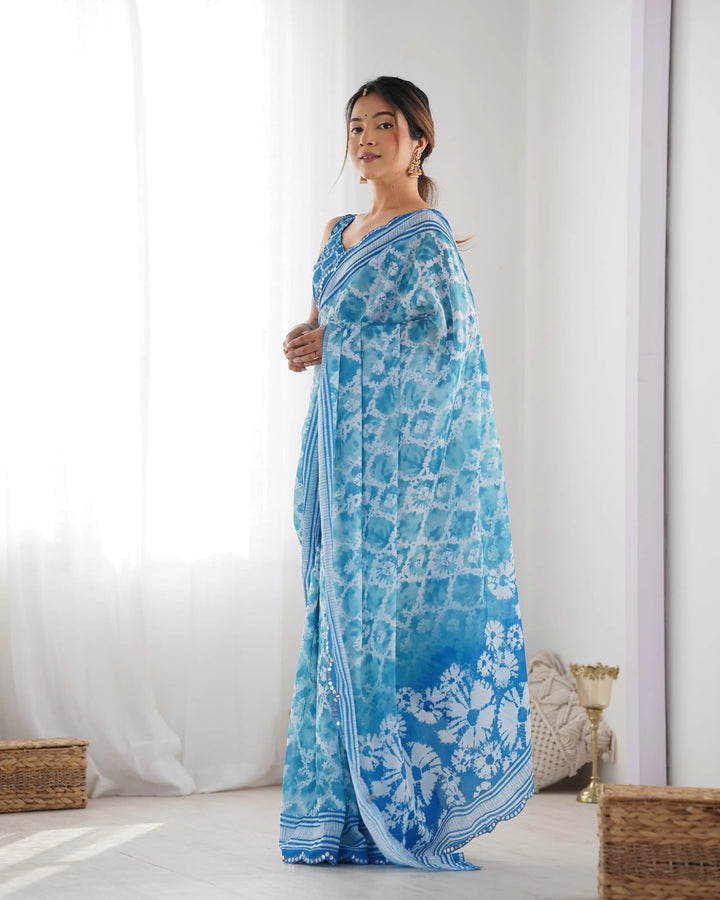 Fancy Blue Chinon Saree | Digital Printed with Mirror Cut Blouse