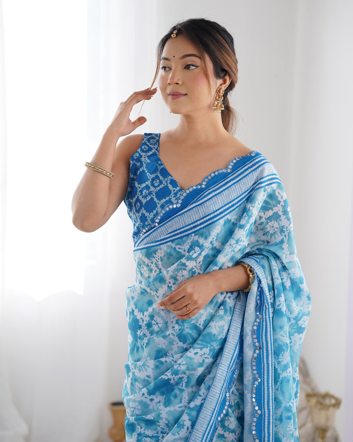 Fancy Blue Chinon Saree | Digital Printed with Mirror Cut Blouse